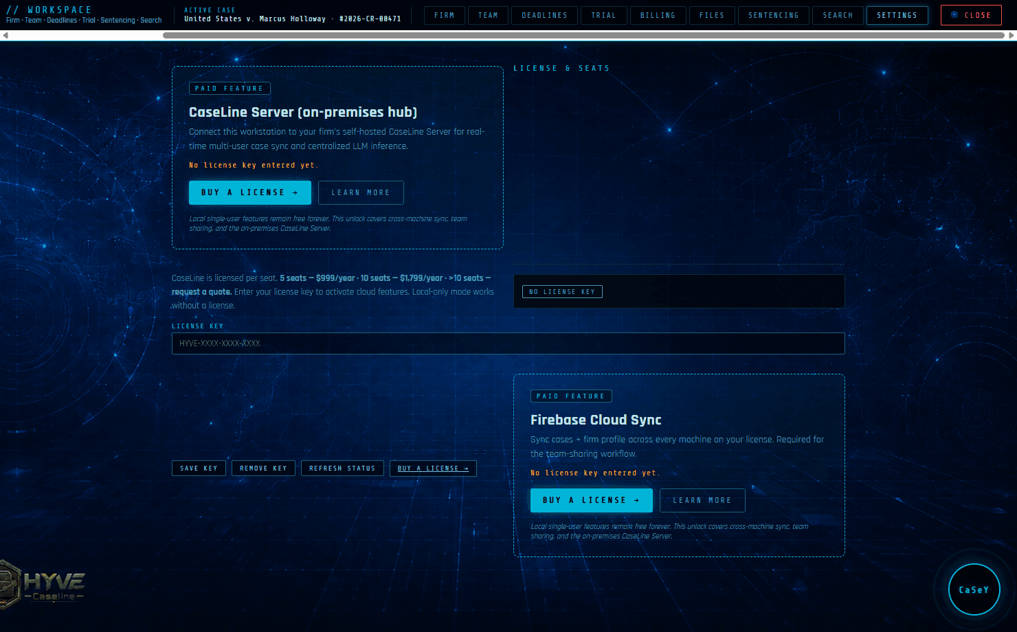 License + audit log — real screenshot from the CaseLine desktop app