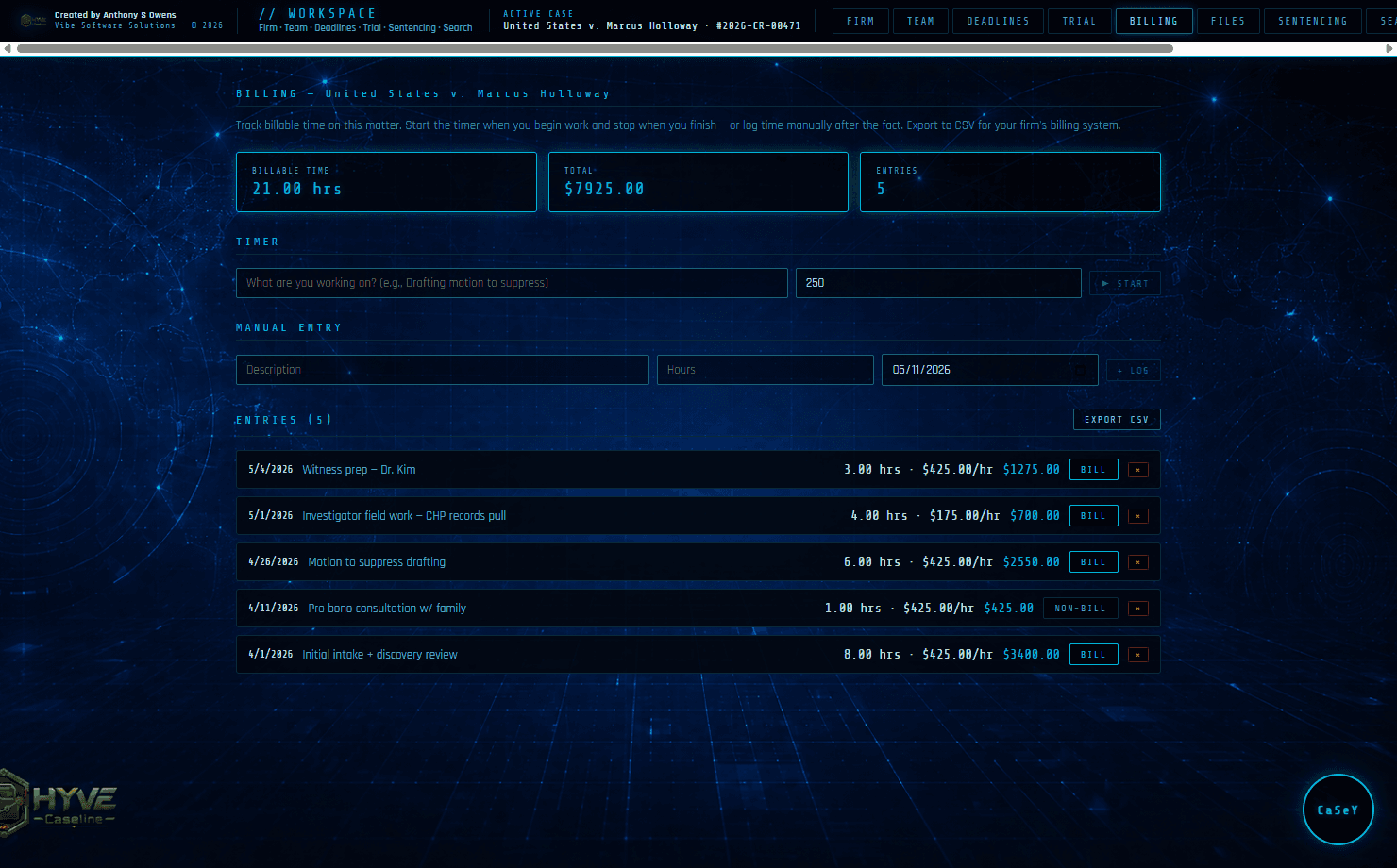 Billable hours — real screenshot from the CaseLine desktop app