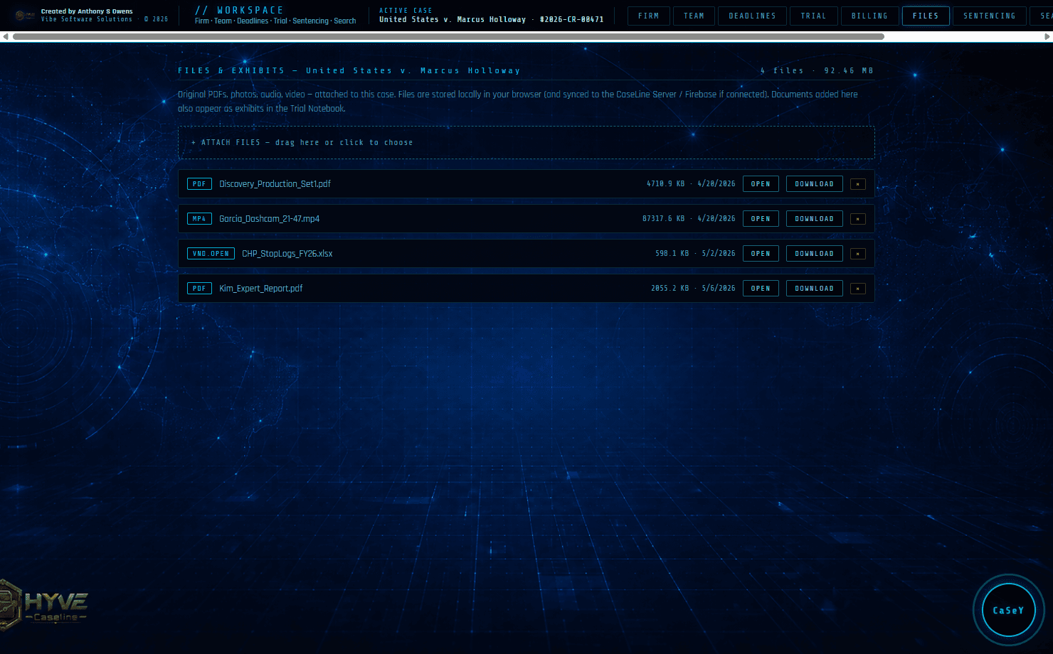 Files & exhibits — real screenshot from the CaseLine desktop app