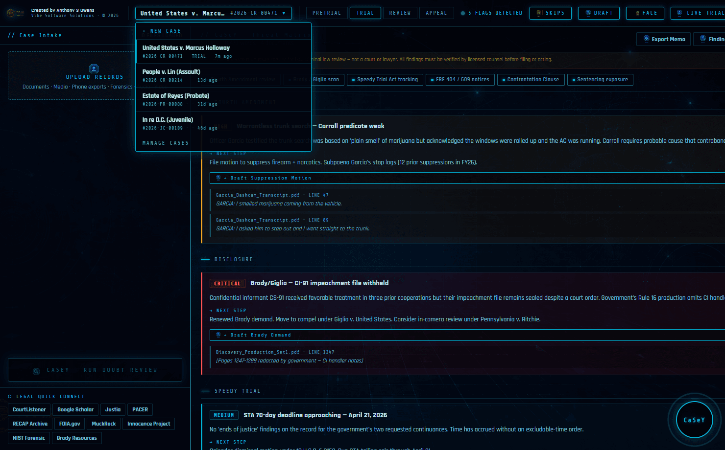 Multi-case + sharing — real screenshot from the CaseLine desktop app