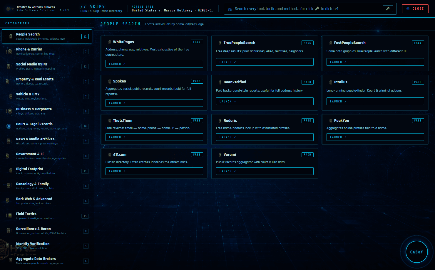 OSINT — SKIPS — real screenshot from the CaseLine desktop app