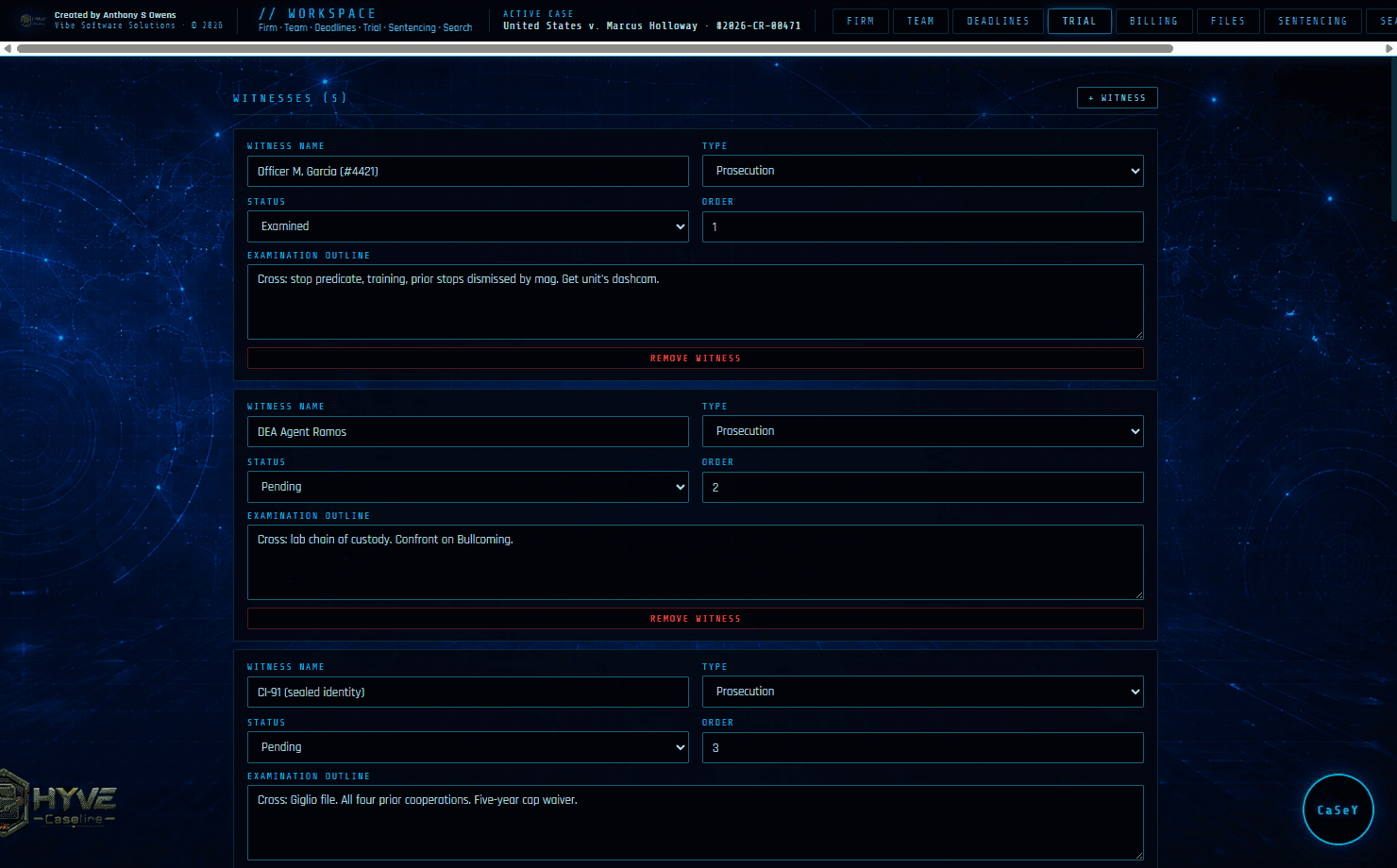 Trial Notebook — real screenshot from the CaseLine desktop app